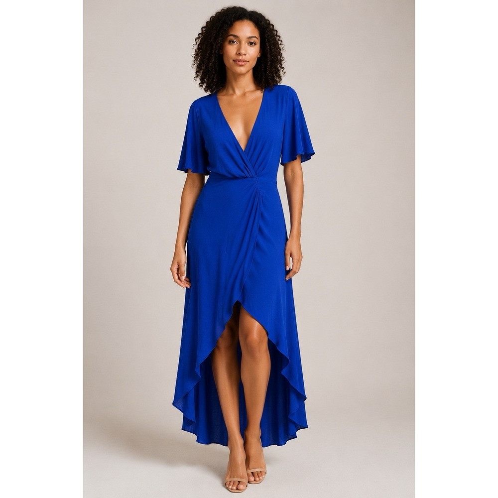 Reformation Westport Dress Size 2 Cobalt Blue High Low Wrap Maxi Wedding